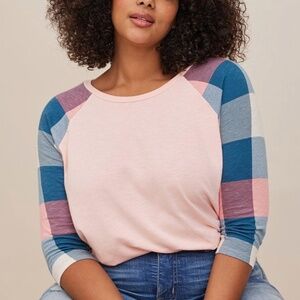 Torrid - Classic Fit Super Soft Slub Crew Neck Pink Raglan 3/4 Sleeve Tee - 1X